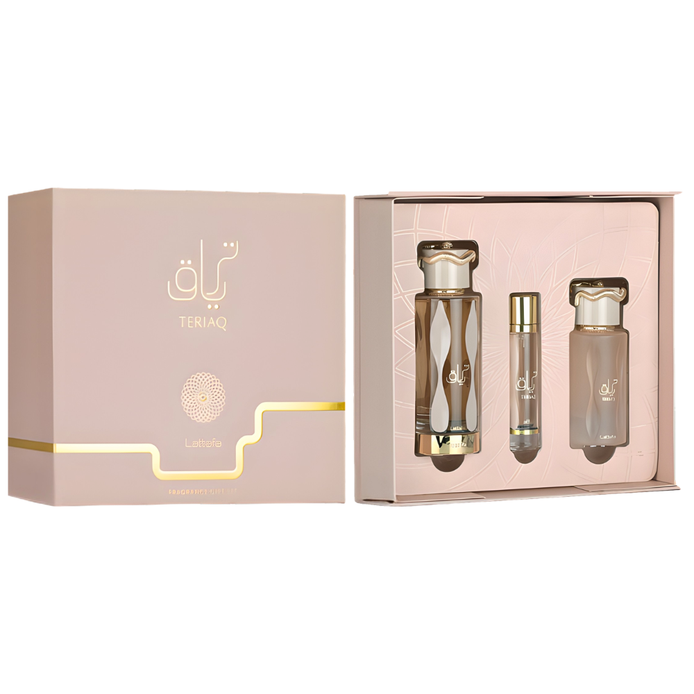 SET LATTAFA TERIAQ FRAGRANCE GIFT SET EDP 100ML, EDP 12ML, SPRAY CABELLO 50ML (M)