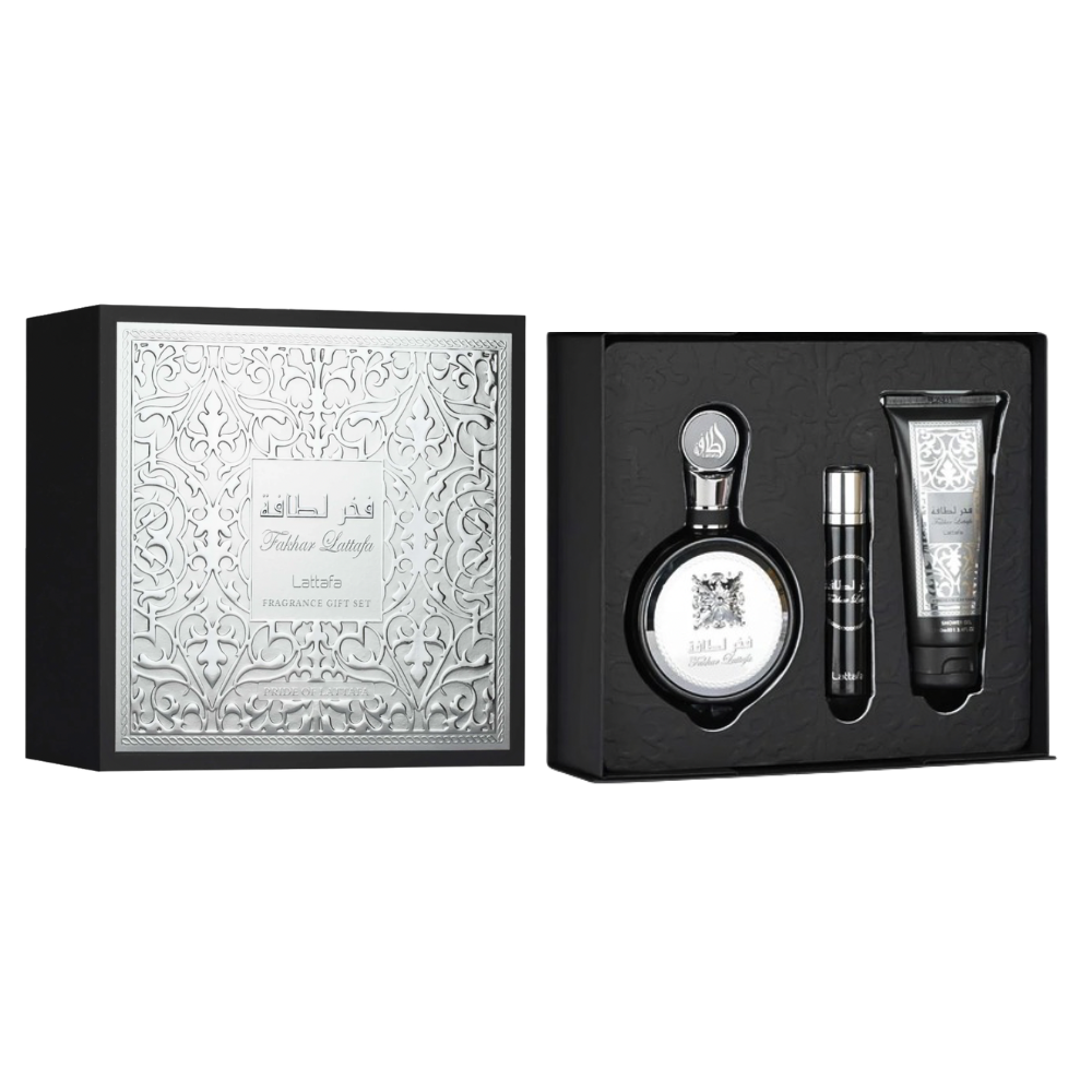 SET LATTAFA FAKHAR BLACK FRAGRANCE GIFT SET EDP 100ML EDP 12ML, SHOWER GEL 100ML (H)