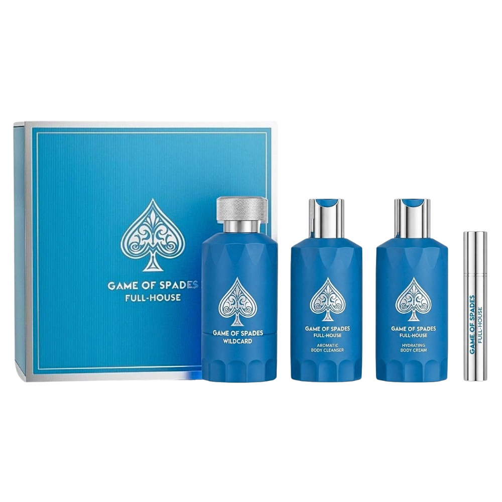 SET JO MILANO PARIS GAME OF SPADES FULL HOUSE LUXURY COLLECTION PARFUM 100ML, SHOWER GEL 200ML, BODY LOTION 200ML, MINI DISPENSADOR 8ML (H)