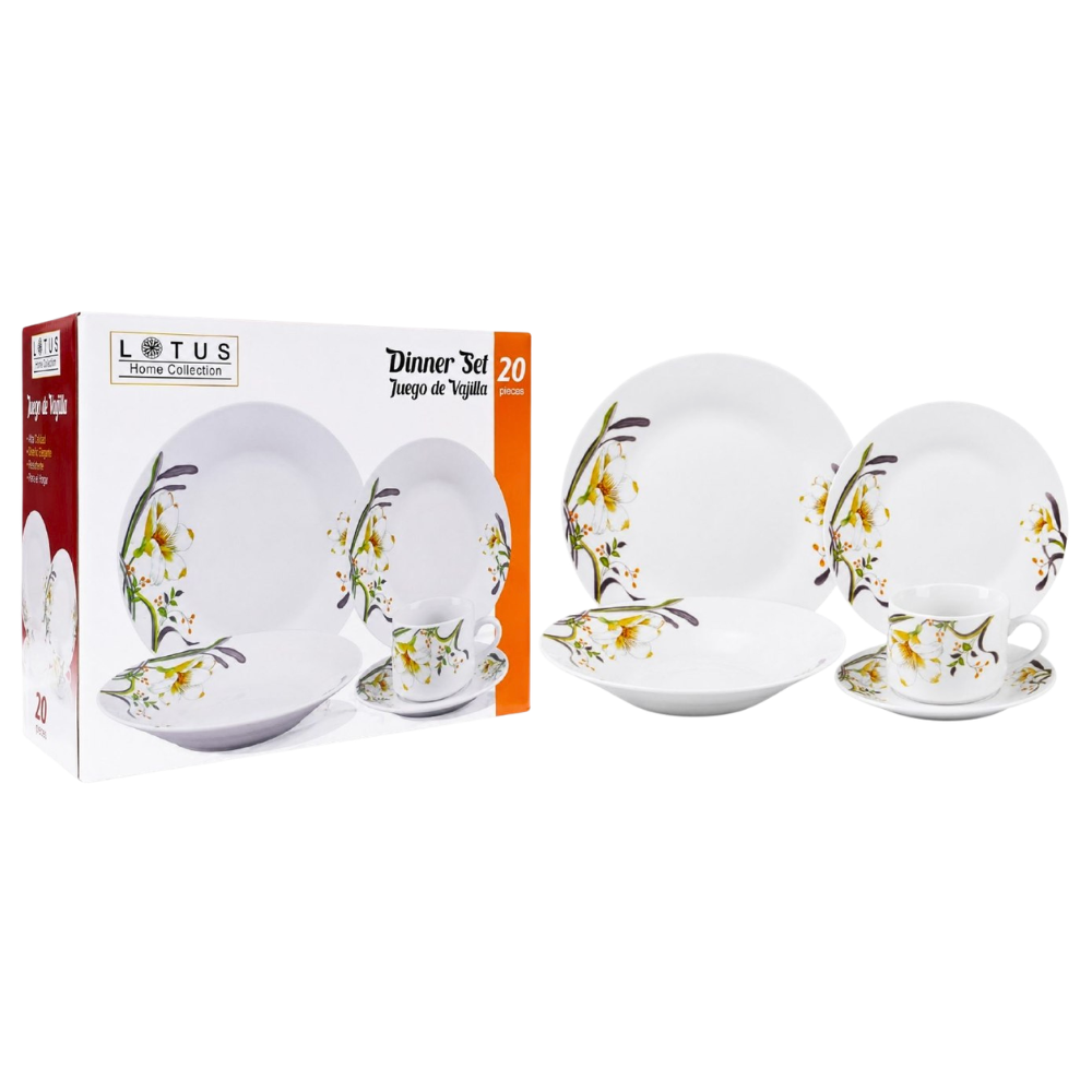 JUEGO DE PLATOS VAJILLA DE PORCELANA CON DISEÑO  FLORAL ELEGANTE LOTUS 20PCS