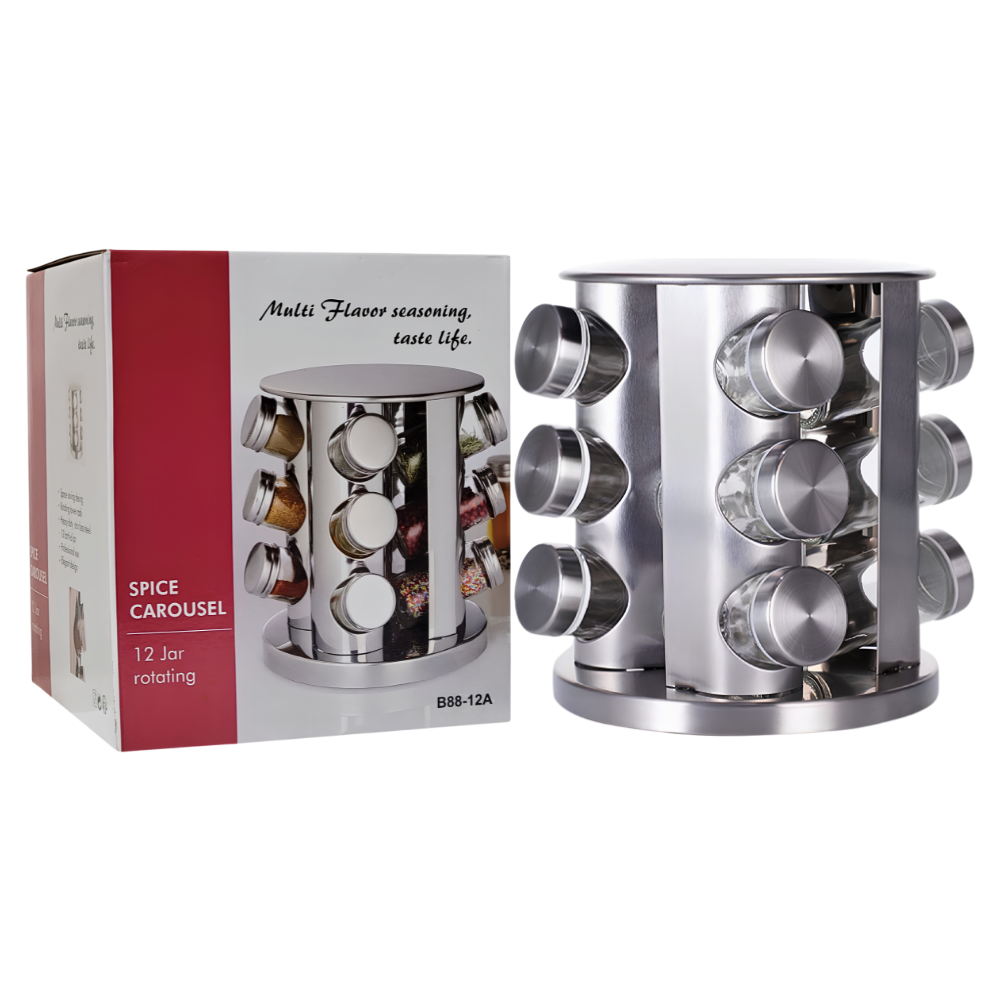 ORGANIZADOR ESPECIERO GIRATORIO DE ACERO INOXIDABLE DE 12 BOTES DE VIDRIO 21CMX18.5CM