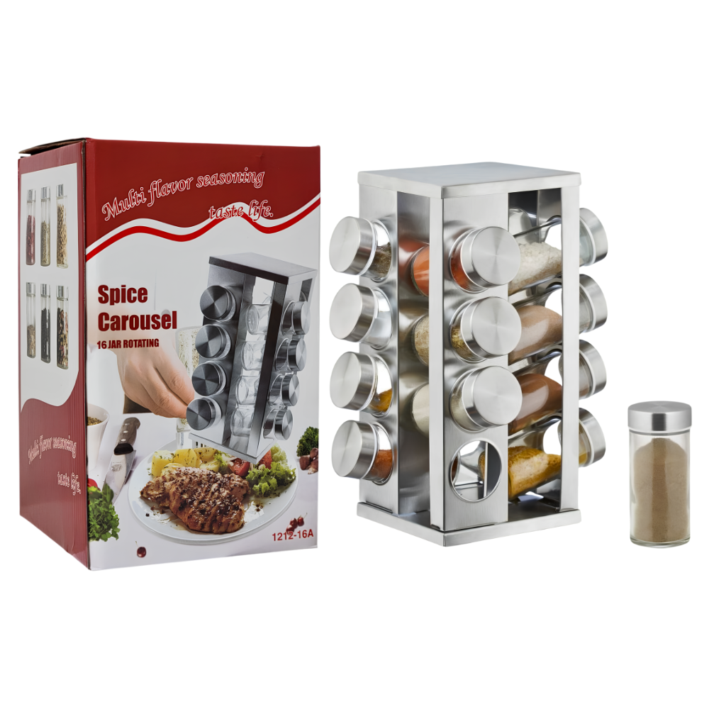 ORGANIZADOR ESPECIERO GIRATORIO CUADRADO DE ACERO INOXIDABLE DE 16 BOTES DE VIDRIO 12.7X27.3CM