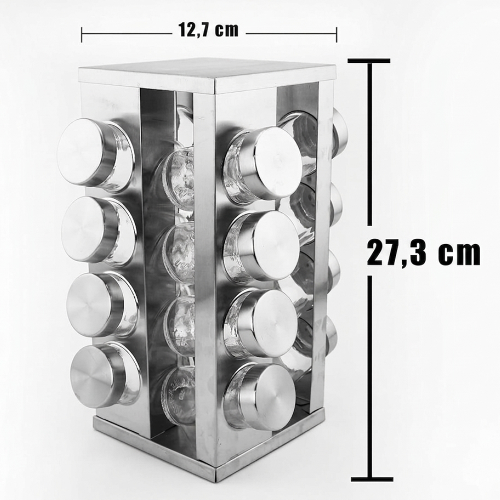 ORGANIZADOR ESPECIERO GIRATORIO CUADRADO DE ACERO INOXIDABLE DE 16 BOTES DE VIDRIO 12.7X27.3CM