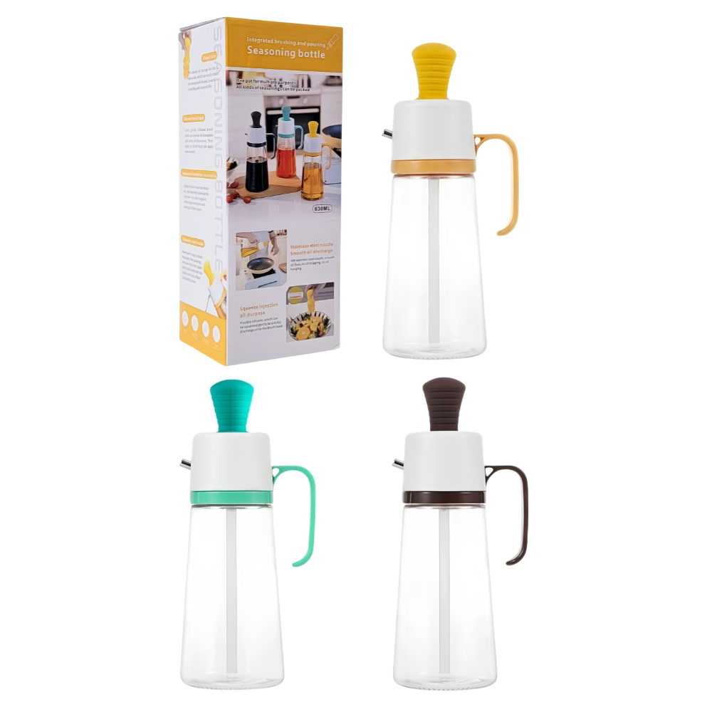 BOTELLA DISPENSADORA DE ACEITE 3 EN 1 CON CEPILLO DE SILICONA Y BOQUILLA DE ACERO INOXIDABLE 630ML