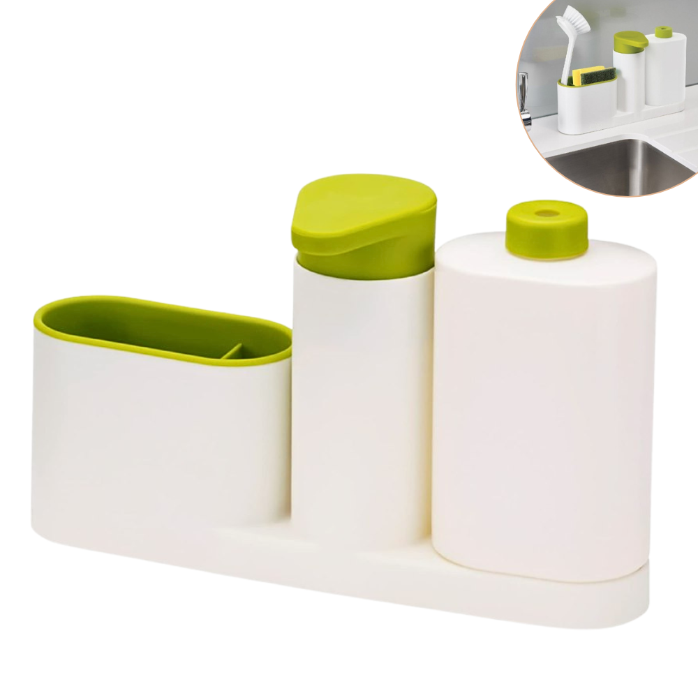 DISPENSADOR DE JABON LIQUIDO PARA COCINA O BAÑO CON ORGANIZADOR DE ESPONJAS Y CEPILLOS 9X16X27CM