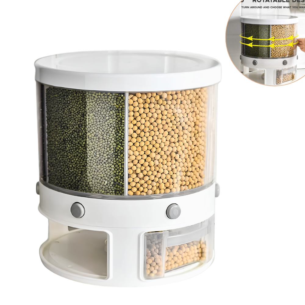 RECIPIENTE DISPENSADOR DE ALIMENTOS CEREALES O GRANOS GIRATORIO DE 6 REJILLAS 32X29CM