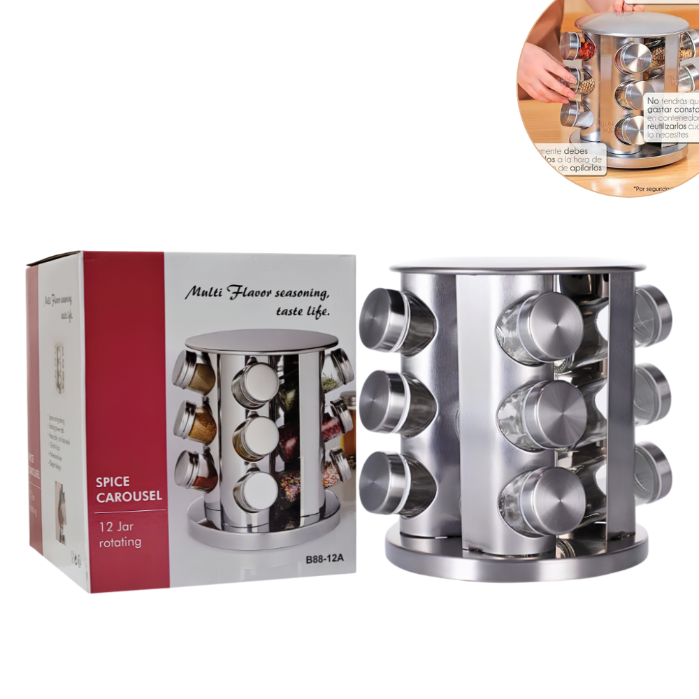 ORGANIZADOR ESPECIERO GIRATORIO REDONDO DE ACERO INOXIDABLE DE 12 BOTES DE VIDRIO 21CMX18.5CM