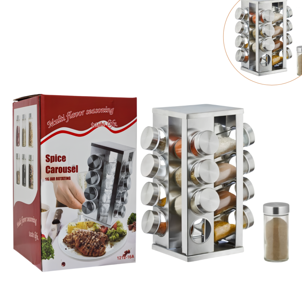 ORGANIZADOR ESPECIERO GIRATORIO CUADRADO DE ACERO INOXIDABLE DE 16 BOTES DE VIDRIO 12.7X27.3CM