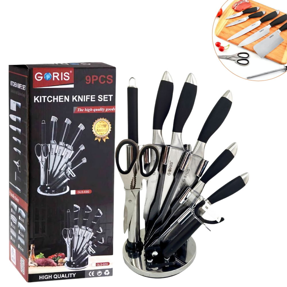 JUEGO DE CUCHILLOS DE COCINA DE ACERO INOXIDABLE CON SOPORTE, AFILADOR Y TIJERA GORIS 9PCS