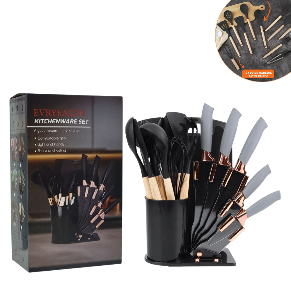 JUEGO DE CUCHILLOS DE COCINA CON UTENSILIOS Y TABLA DE PICAR COLOR NEGRO EVRYEALTH 18PCS