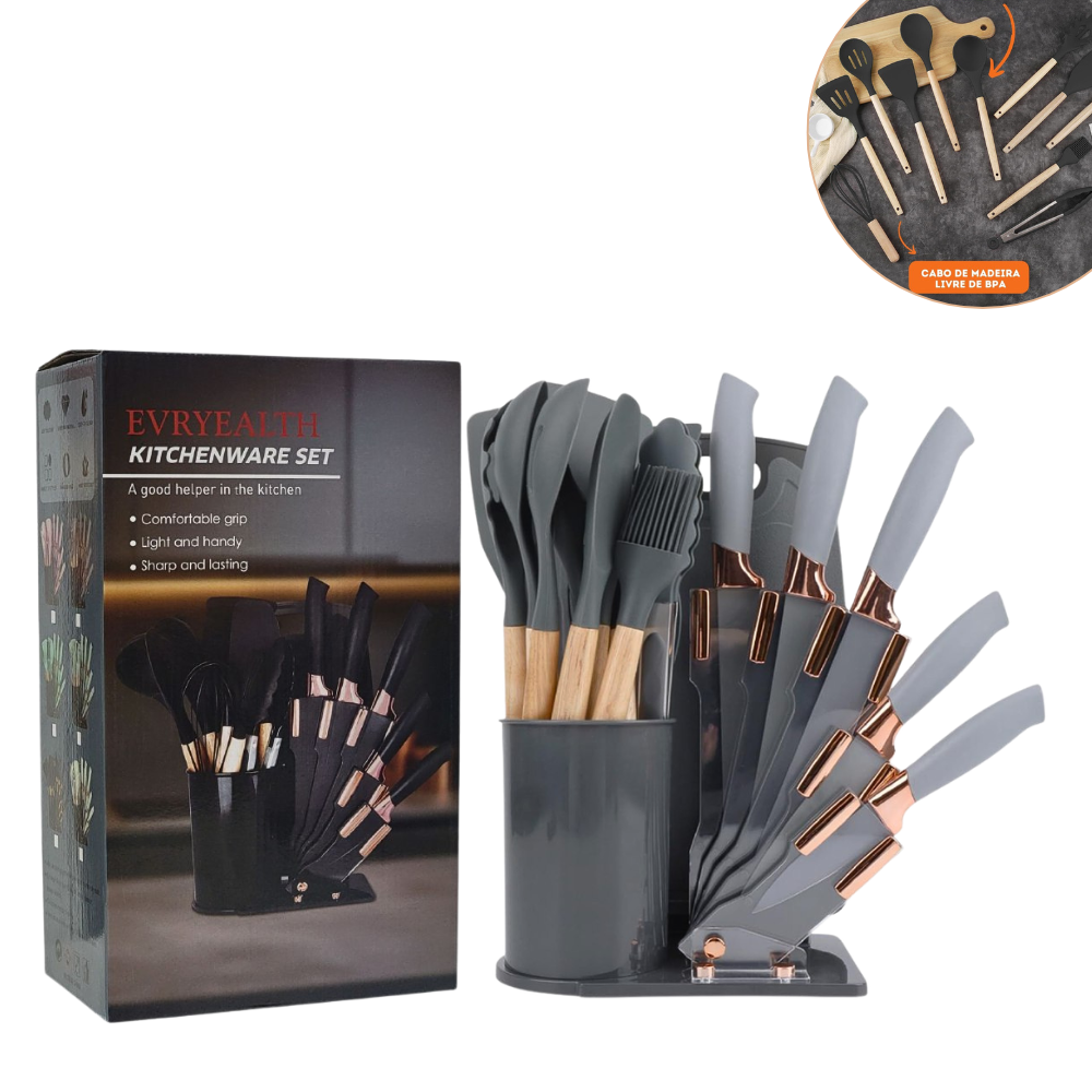 JUEGO DE CUCHILLOS DE COCINA CON UTENSILIOS Y TABLA DE PICAR COLOR GRIS EVRYEALTH 18PCS