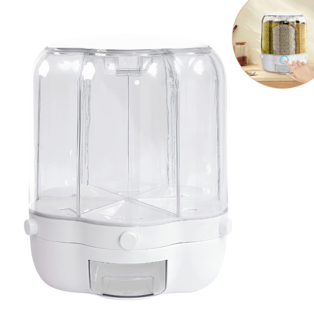 RECIPIENTE DISPENSADOR ALMACENADOR GIRATORIO DE ALIMENTOS SECOS Y CEREALES DE 6 REJILLAS 26.3X32CM