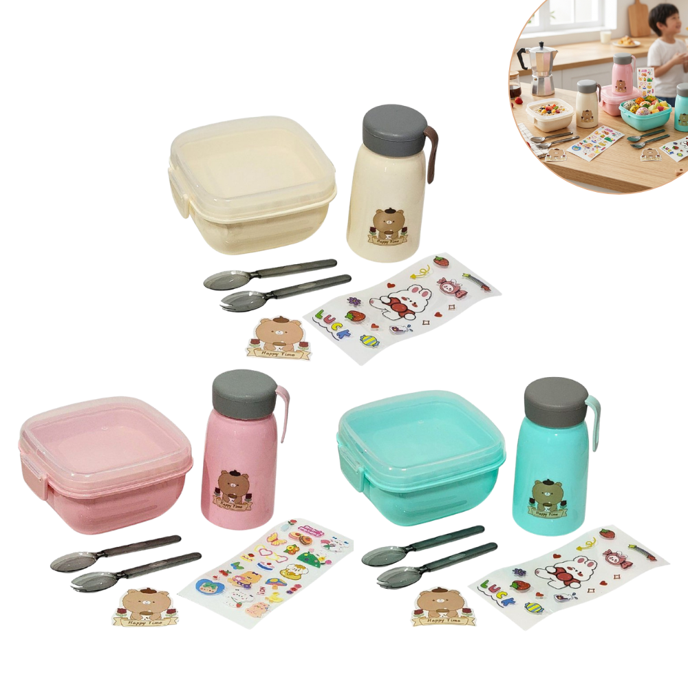 SET DE LONCHERA CON CUBIERTOS, BOTELLA Y STICKERS DECORATIVOS PARA NIÑOS