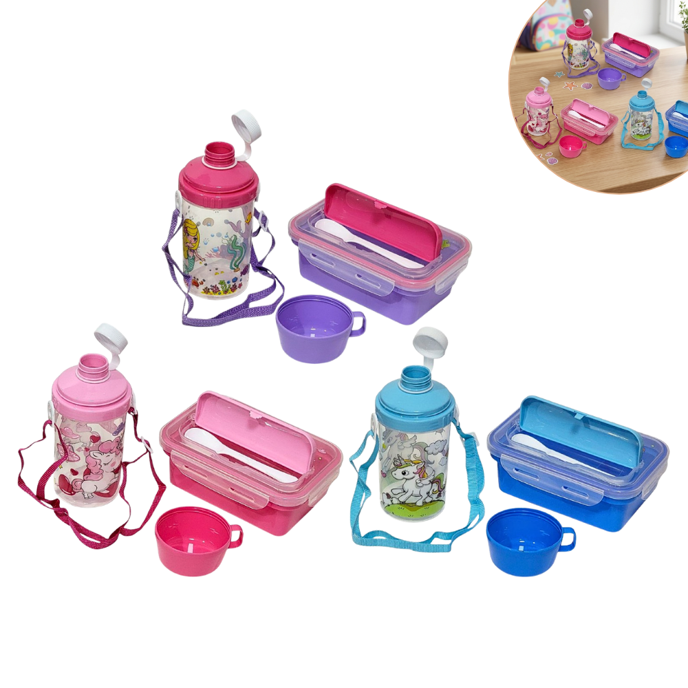 SET DE LONCHERA CON SEPARADOR, CUBIERTOS Y BOTELLA PARA NIÑOS