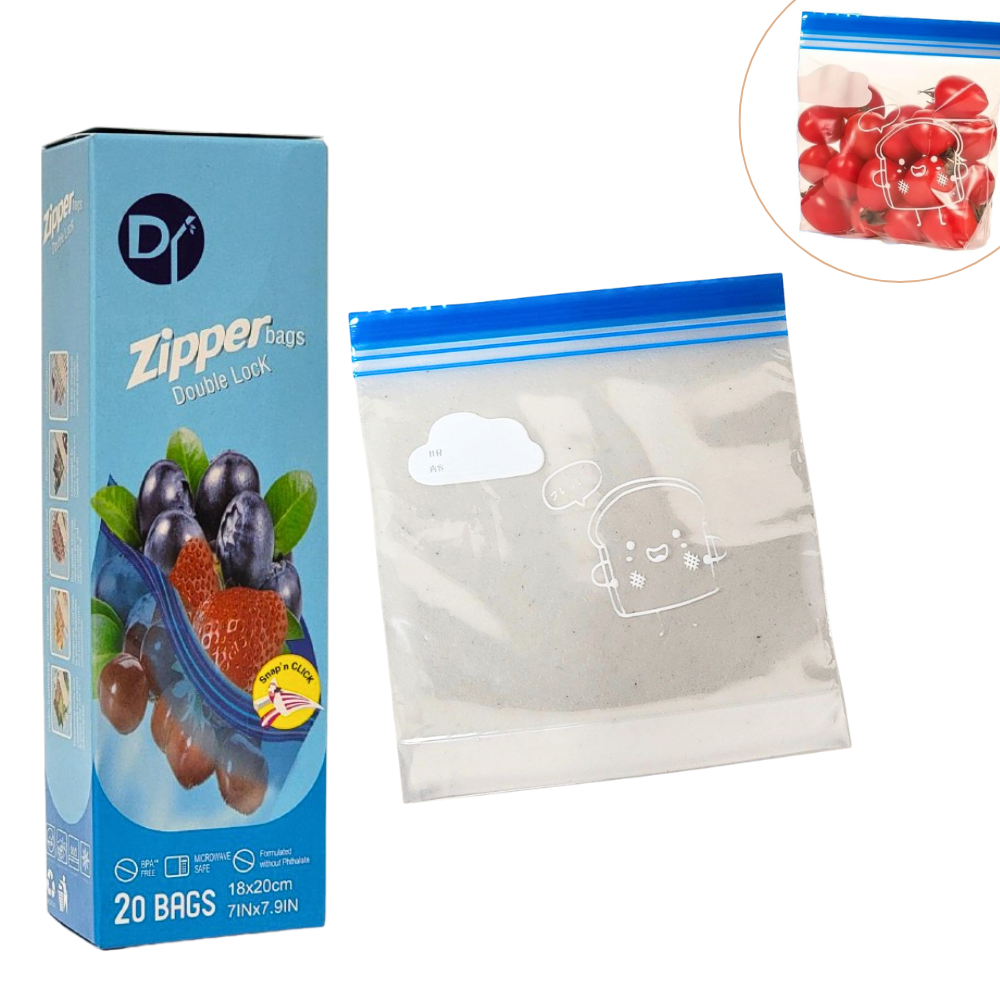 BOLSA ZIPLOC REUTILIZABLES CON CIERRE HERMETICO PARA ALIMENTOS 18X20CM D ZIPPER 20PCS