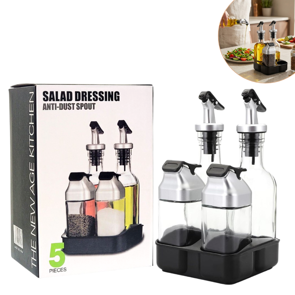 SET DE BOTELLAS DE VIDRIO DISPENSADORAS DE ACEITE, VINAGRE, SAL Y PIMIENTA CON BANDEJA ORGANIZADORA