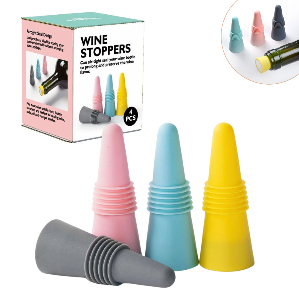 SET DE TAPONES HERMETICOS PARA BOTELLAS DE VINO Y CONSERVACION DE BEBIDAS DE SILICONA 4PCS