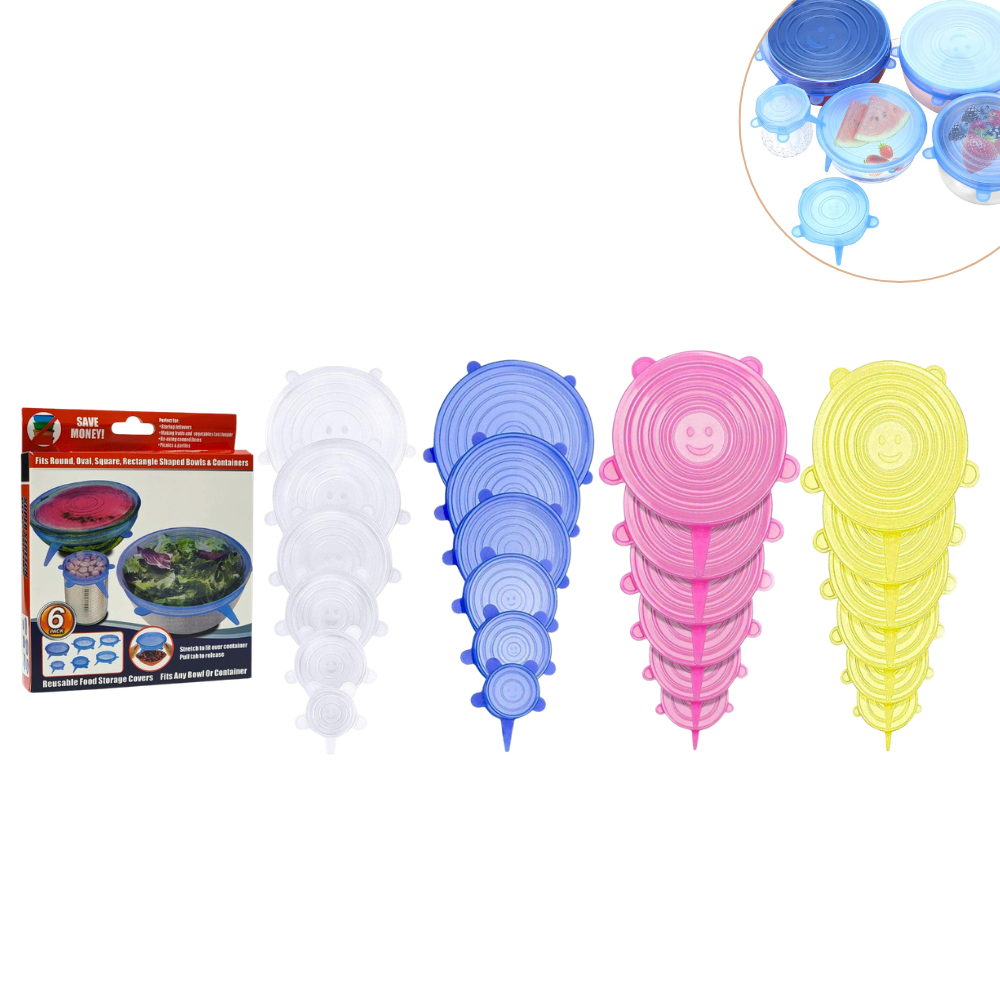 SET DE TAPADERAS DE SILICONA REUTILIZABLES AJUSTABLES PARA CONSERVACION DE ALIMENTOS 6PCS