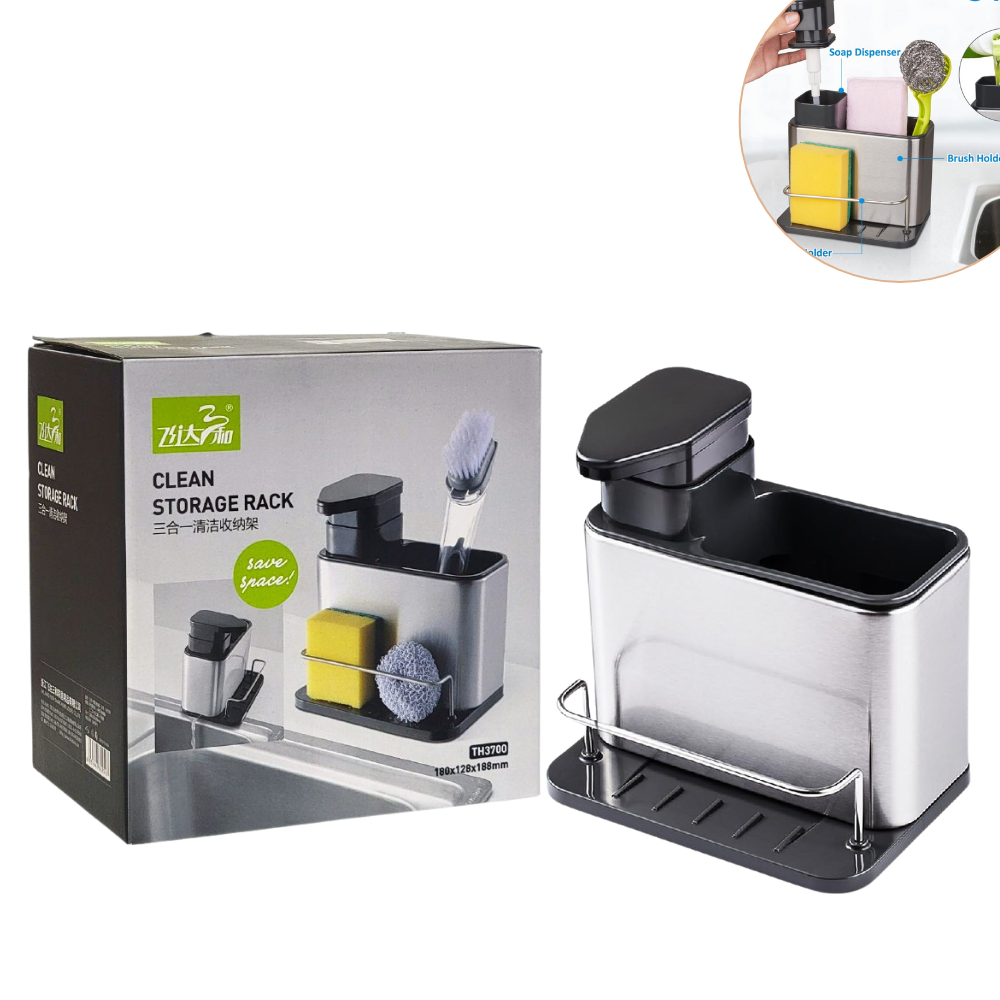 DISPENSADOR DE JABON LIQUIDO PARA COCINA O BAÑO 3 EN 1 DE ACERO INOXIDABLE