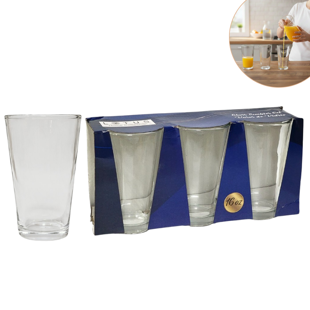 SET DE 3 VASOS ALTOS DE VIDRIO DE ALTA RESISTENCIA Y DURABILIDAD LOTUS 16OZ