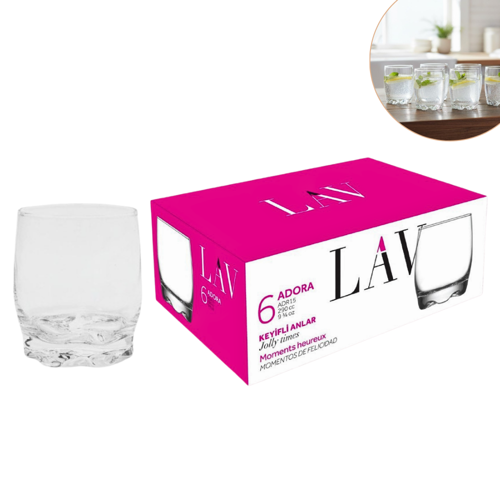 SET DE 6 VASOS BAJOS DE VIDRIO DE ALTA RESISTENCIA Y ELEGANTES LAV 9OZ