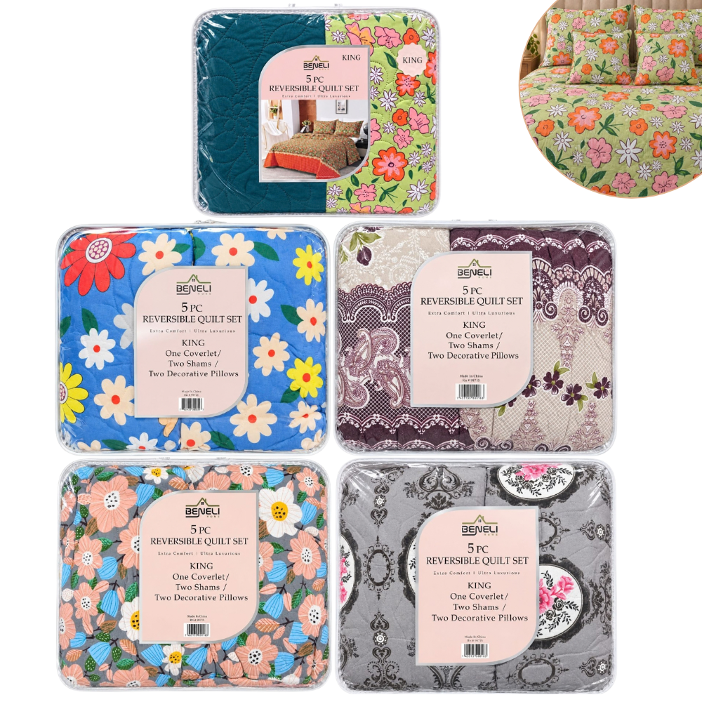 JUEGO DE EDREDON CUBRECAMA REVERSIBLE KING DE 5 PIEZAS BENELI HOME