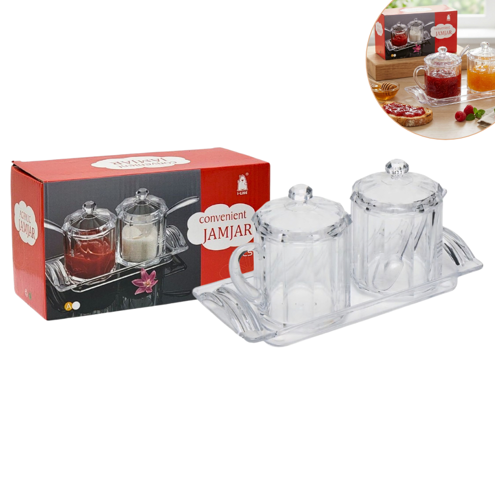 SET DE 2 TARROS RECIPIENTES DE ACRILICO CON CUCHARITAS Y BANDEJA ORGANIZADORA PARA ESPECIAS O CONDIMENTOS