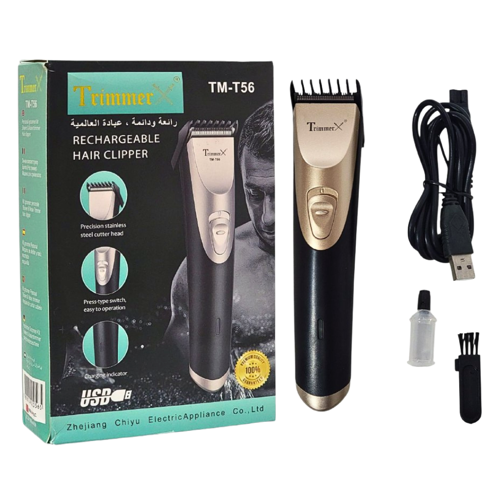 MAQUINA CORTADORA DE PELO PROFESIONAL RECARGABLE, CABEZAL DE CORTE DE PRECISION DE ACERO INOXIDABLE, INTERRUPTOR DE PRESION, FACIL DE USAR, INDICADOR DE CARGA, CABLE USB TRIMMER TM-T56