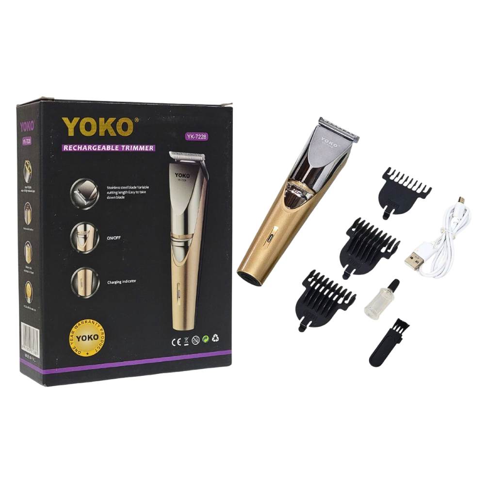 MAQUINA CORTADORA DE PELO PROFESIONAL RECARGABLE, CABEZAL DE CORTE DE PRECISION DE ACERO INOXIDABLE, INTERRUPTOR DE PRESION, FACIL DE USAR, INDICADOR DE CARGA, CABLE USB YOKO YK-7228