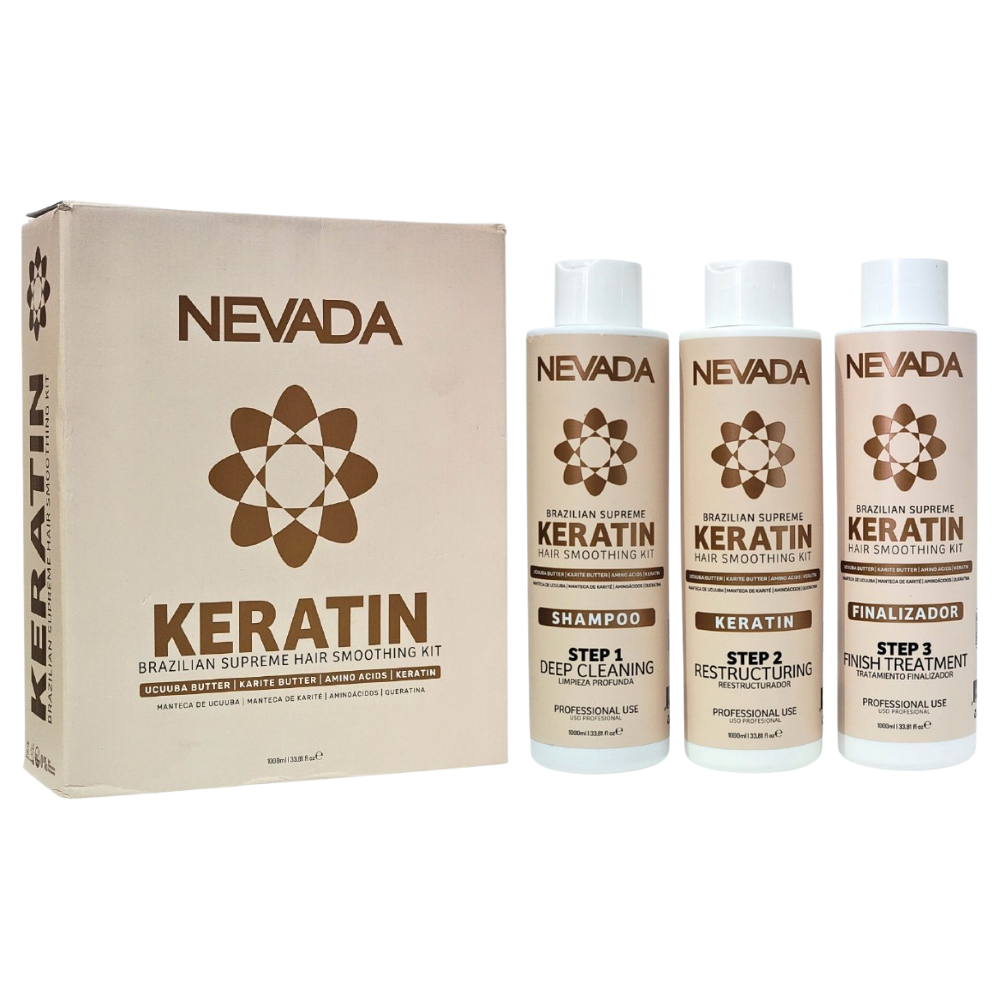 SET DE TRATAMIENTO PARA EL CABELLO PARA ALISADO BRASILEÑO CON QUERATINA Y KARITE 3PCS NEVADA 100MLX3