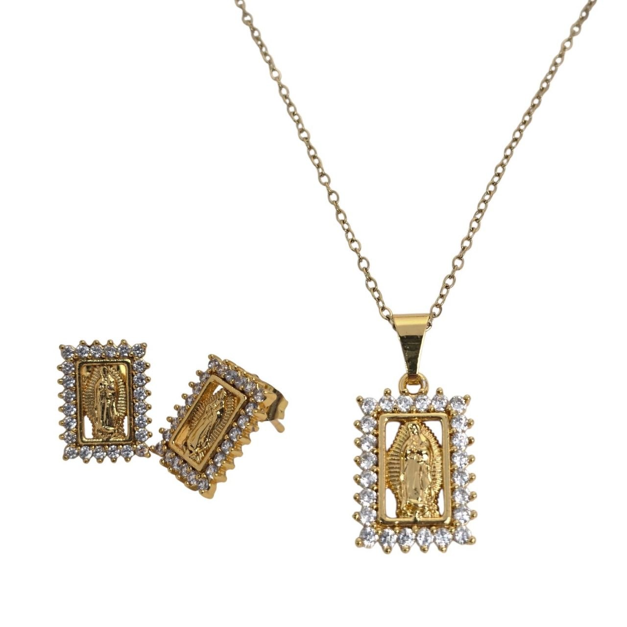 SET DE ENCHAPE PARA DAMA CON MEDALLA DE LA VIRGEN Y PEDRERIA BLANCA