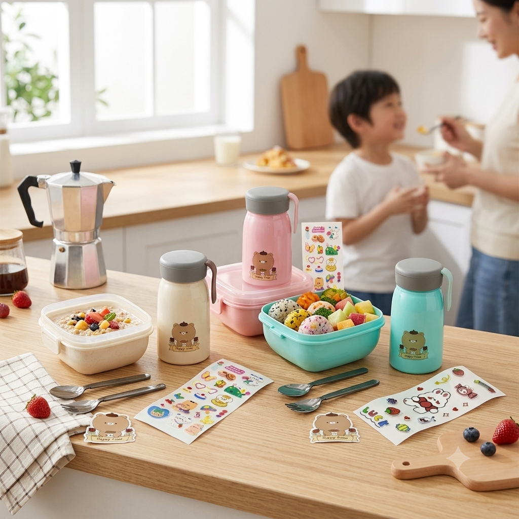 SET DE LONCHERA CON CUBIERTOS, BOTELLA Y STICKERS DECORATIVOS PARA NIÑOS