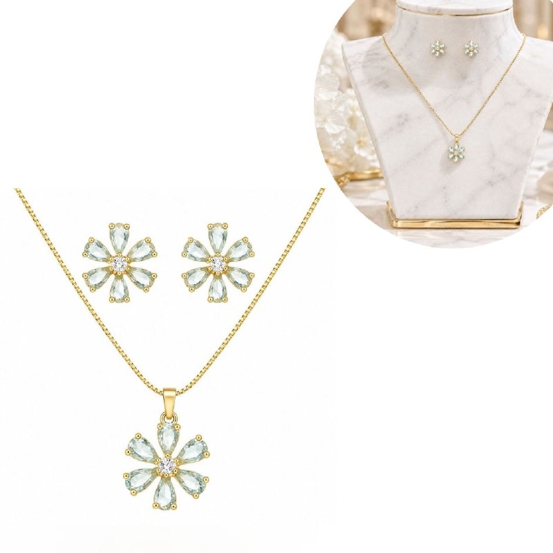SET DE ENCHAPE PARA DAMA CADENA, DIJE Y TOPOS FLORAL DE CRISTALES AQUA / VERDE AGUA
