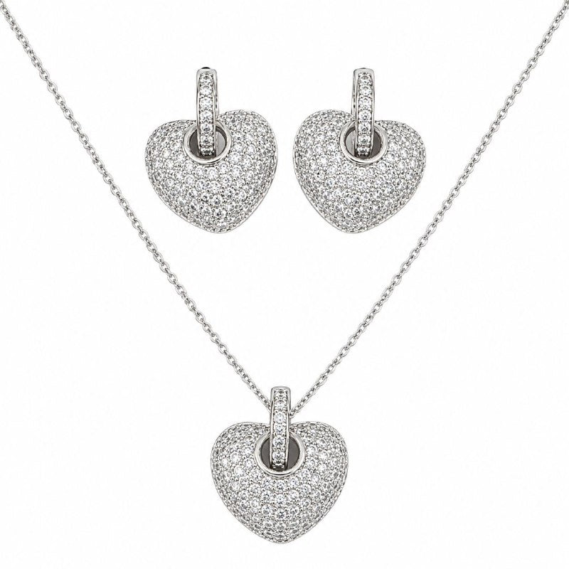 SET DE ENCHAPE PARA DAMA CADENA, DIJE Y TOPOS CORAZÓN ABOMBADO EN PAVÉ DE CIRCONES