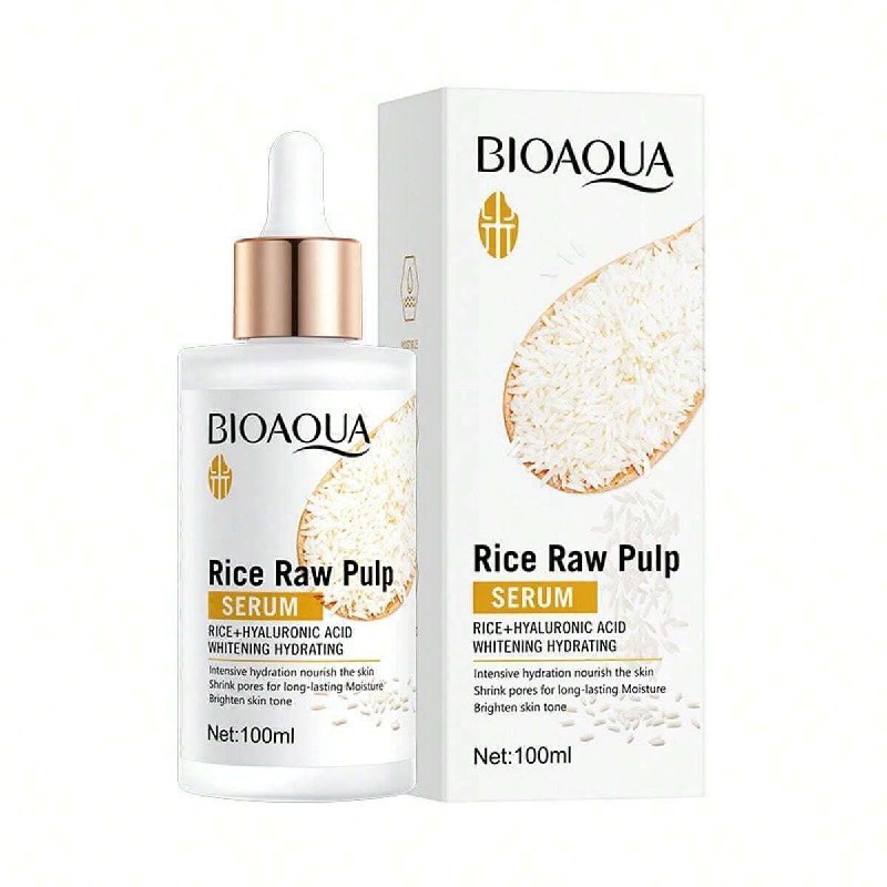 SUERO FACIAL DE PULPA CRUDA DE ARROZ, QUE PENETRA PROFUNDAMENTE PARA BLANQUEAR E HIDRATAR LA PIEL, ILUMINA EL TONO, AUMENTA LA ELASTICIDAD Y FORTALECE LA BARRERA CUTANEA BIOAQUA 100ML