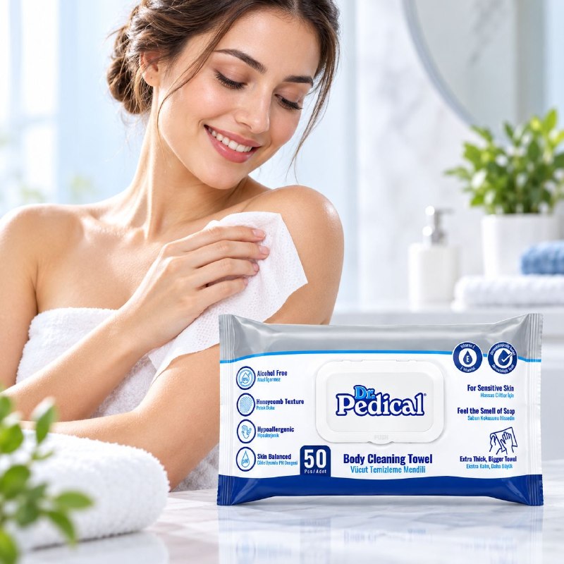 TOALLITAS HUMEDAS PARA LIMPIEZA CORPORAL CON VITAMINA E REFRESCANTE DR PEDICAL 50UND