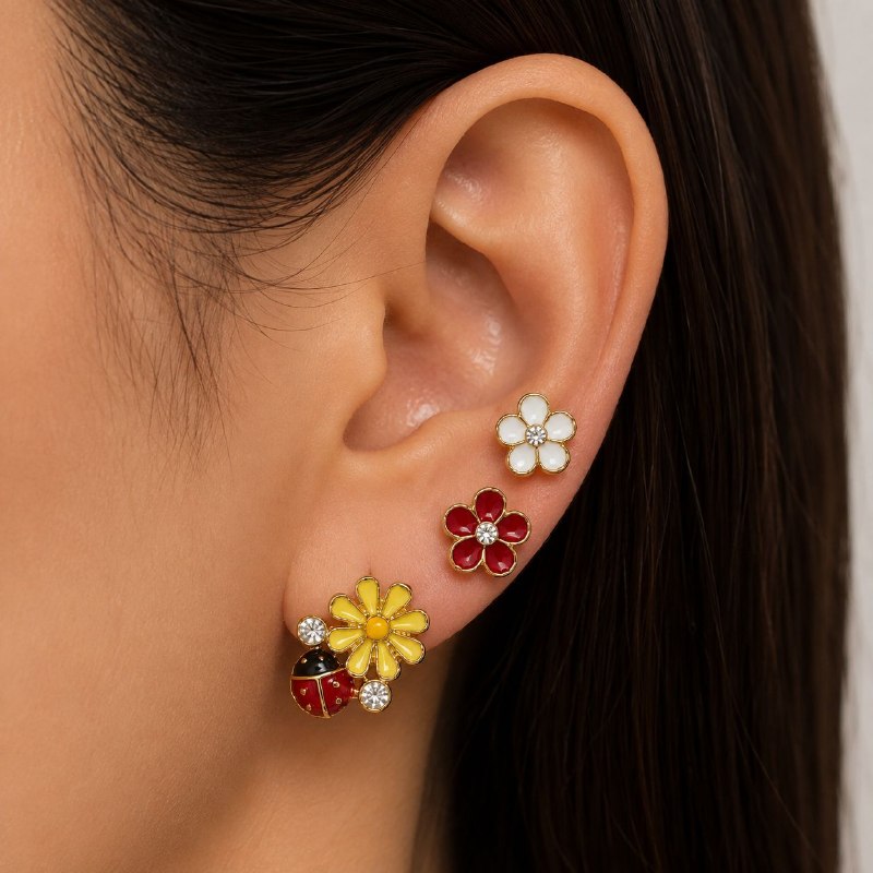 SET DE 3 PARES DE ARITOS DE ENCHAPE PARA DAMA CON DISEÑO DE FLOR