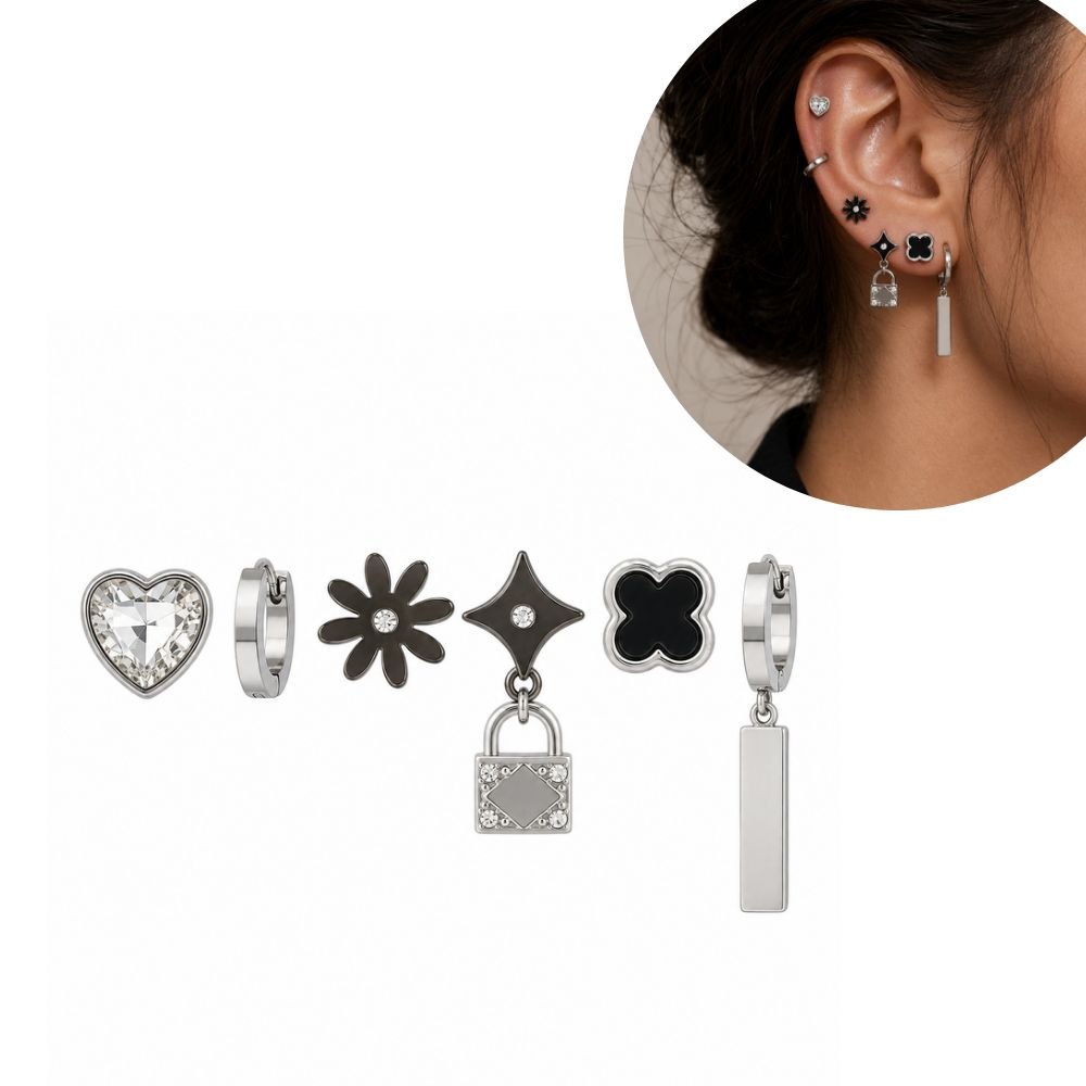 SET DE ARETES ARRACADAS DE ENCHAPE EN RODIO NEGRO Y SILVER PARA DAMA CON DIJES URBANOS Y ESMALTE