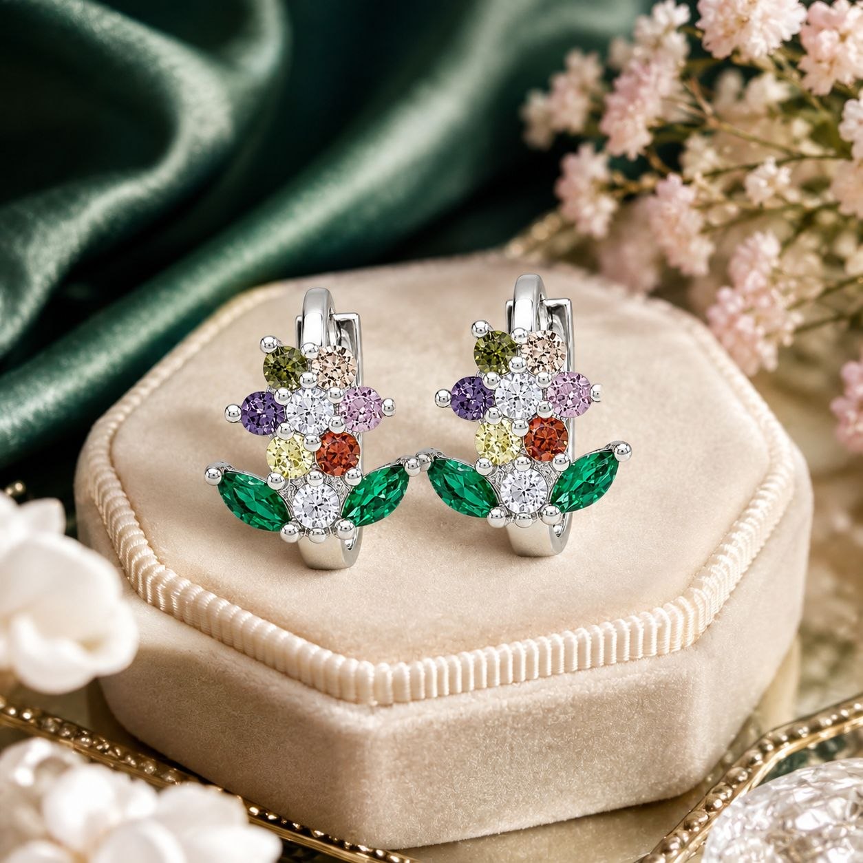ARGOLLAS DE ENCHAPE PARA DAMA CON DISEÑO DE FLOR MULTICOLOR