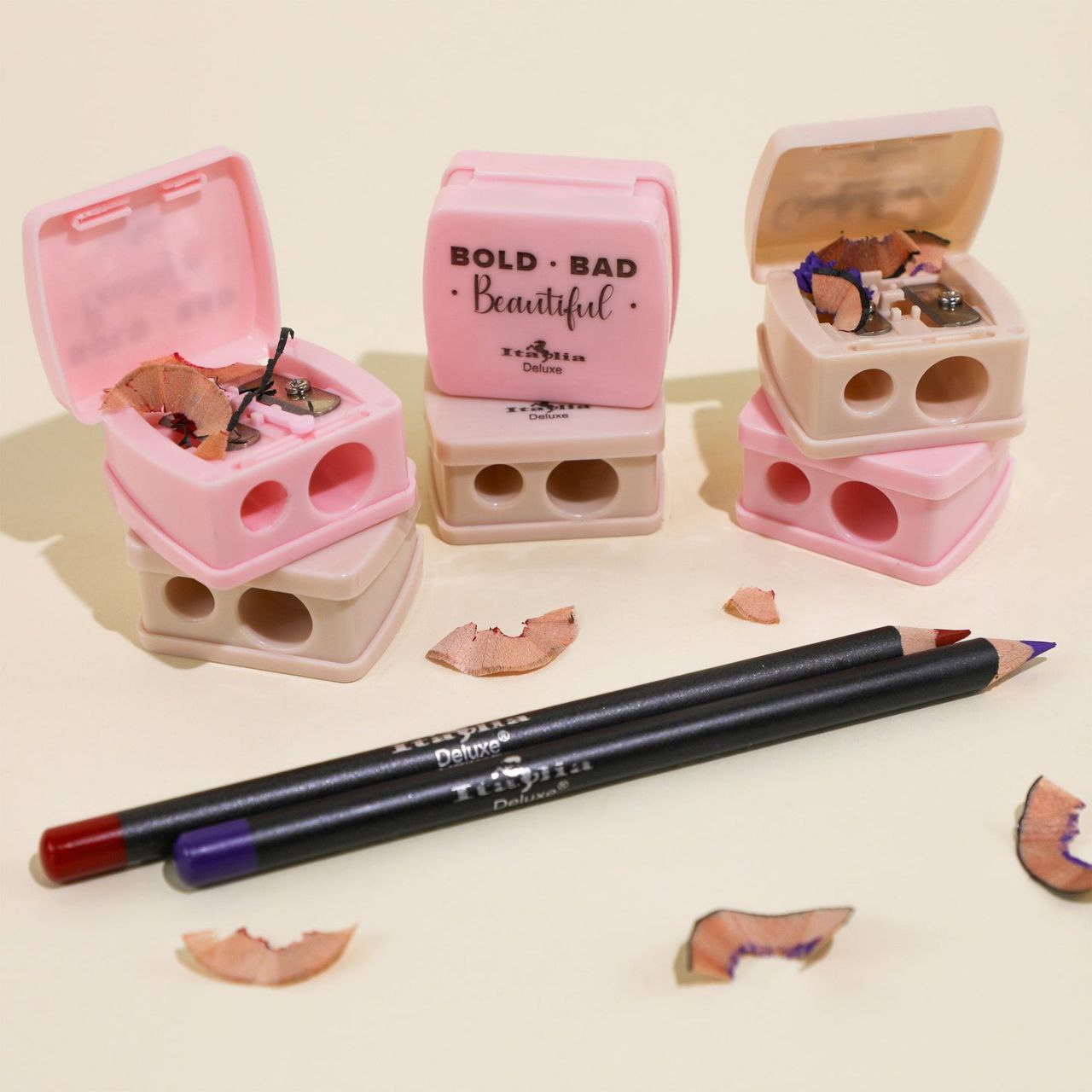 SACAPUNTAS DE LAPIZ DELINEADORES DE OJOS, LABIOS, ETC DOBLE HOJA ANTIOXIDO 2 COLORES ITALIA DELUXE COSMETIC SHARPENER