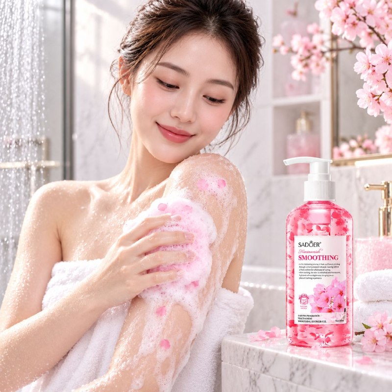 GEL DE DUCHA SUAVIZANTE E HIDRATANTE DE FLOR DE CEREZO CON NIACINAMIDA SADOER 300ML