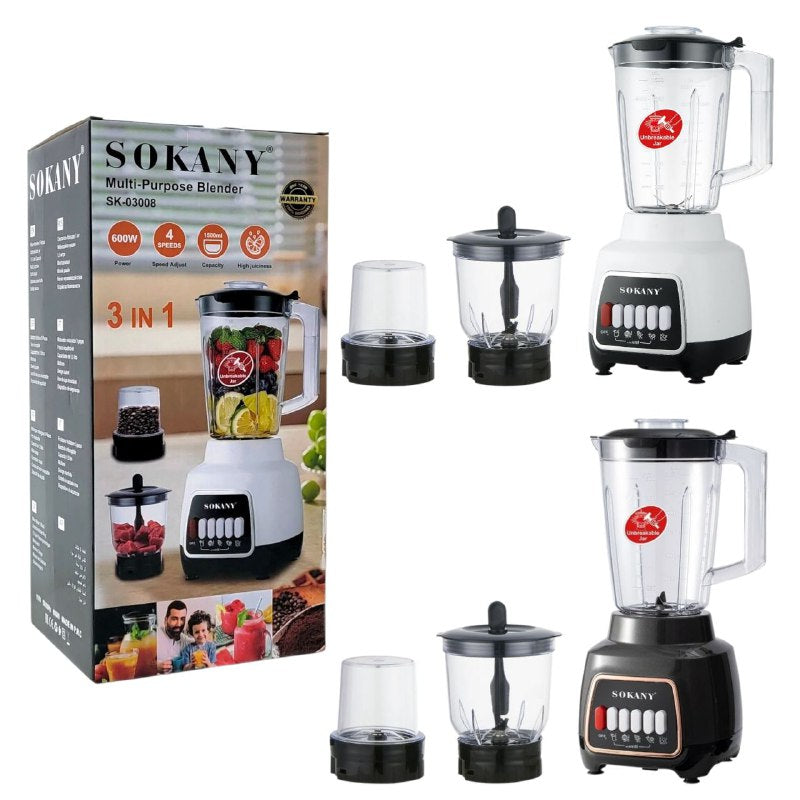 MAQUINA LICUADORA MULTIUSOS DE 4 VELOCIDADES, 600W FUERZA, CAPACIDAD 1500ML, ALTA JUGOSIDAD SK-03008 SOKANY