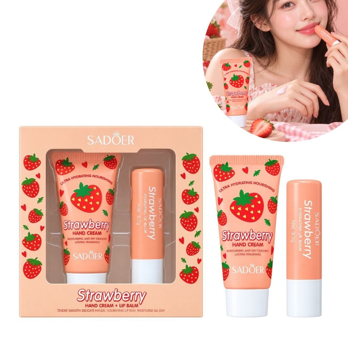SET DE CUIDADO PERSONAL CREMA DE MANOS Y BALSAMO LABIAL CON FRAGANCIA A FRESA 2PCS SADOER
