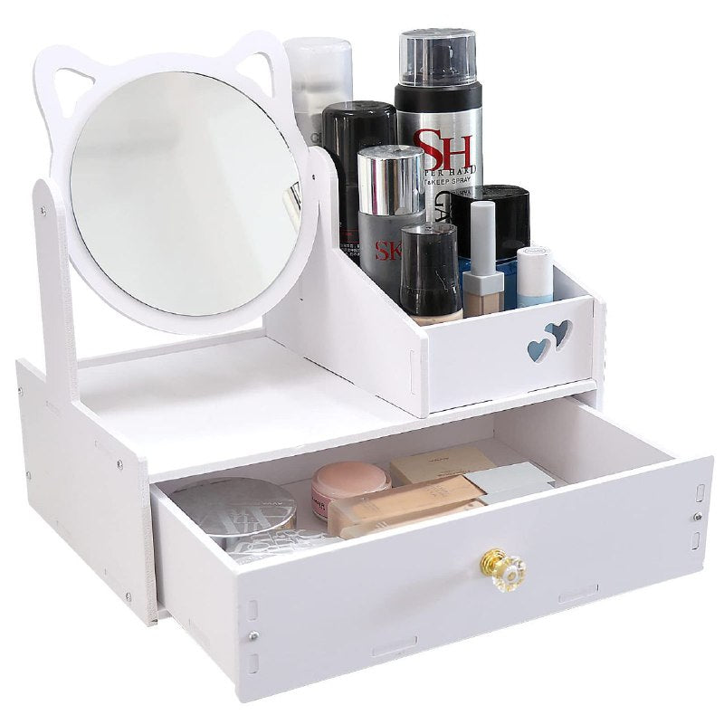 ESTANTE ORGANIZADOR DE COSMETICOS COLOR BLANCO CON ESPEJO DE GATO 29X20X17CM