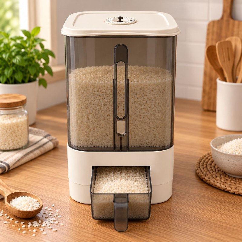 RECIPIENTE DISPENSADOR ALMACENADOR DE ALIMENTOS ARROZ Y GRANOS SECOS CON MEDIDOR 38X22CM
