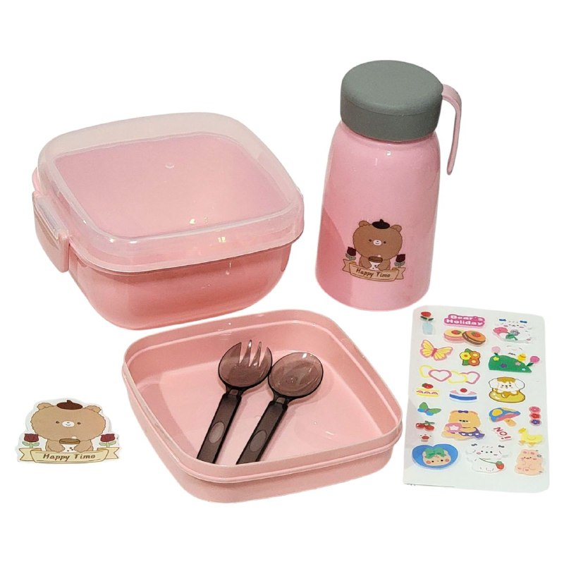 LONCHERA EN KIT CON CUBIERTOS, BOTE Y STICKERS VARIOS ESTILOS