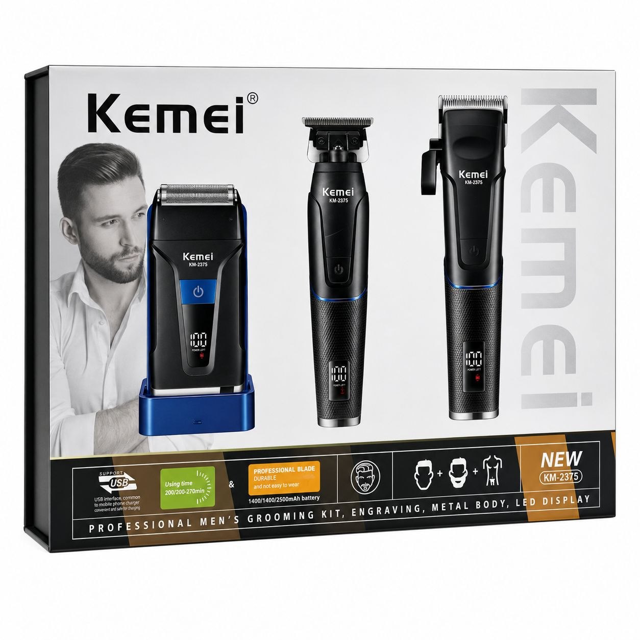 KIT PROFESIONAL 3 EN 1 PARA HOMBRES AFEITADORA PARA CABEZA, AFEITADORA PARA BARBA Y AFEITADORA PARA CUERPO ROTATIVO KEMEI  19CM, 16CM, 13CM