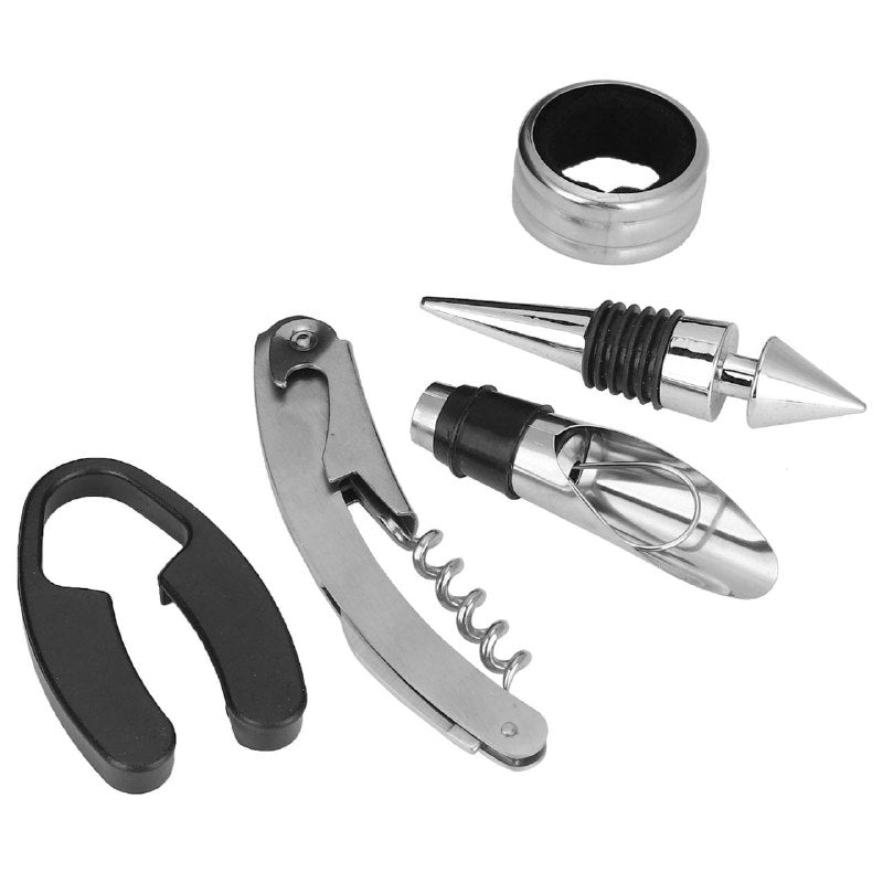 HERRAMIENTAS SACA CORCHO , ABRIDOR DE VINOS DE 5 PIEZAS, ESTUCHE DE TRANSPORTE CON FORMA DE BOTELLA 32X10CM