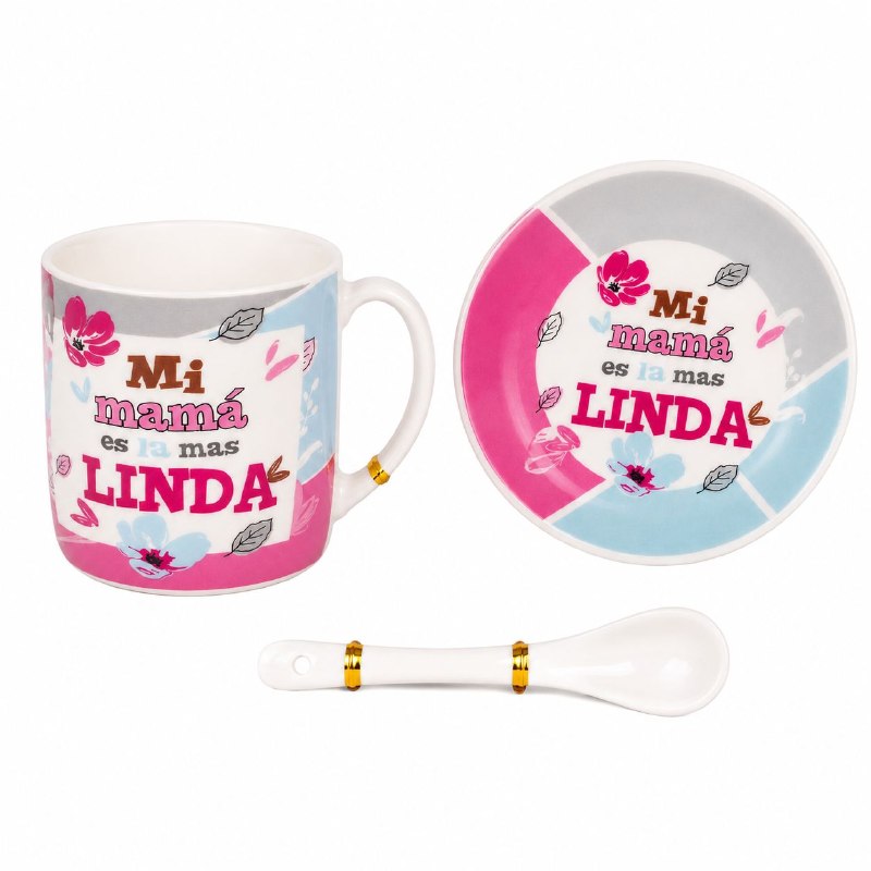 SET DE REGALO PARA MAMÁ DE 3 PIEZAS (TAZA, PLATO Y CUCHARA)