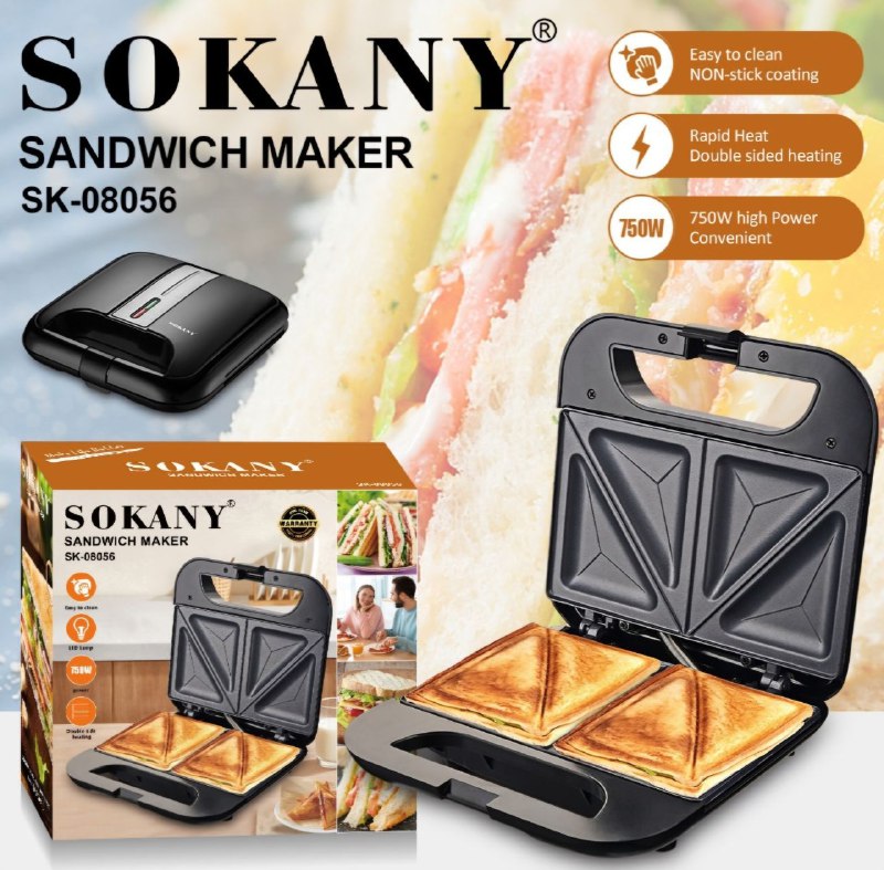 MAQUINA SANWICHERA SK-08056, RECUBRIMIENTO ANTIADHERENTE DE PLASTICO RESISTENTE AL CALOR, INDICADOR DE ENCENDIDO, 750W FUERZA, CALEFACCION DOBLE SOKANY